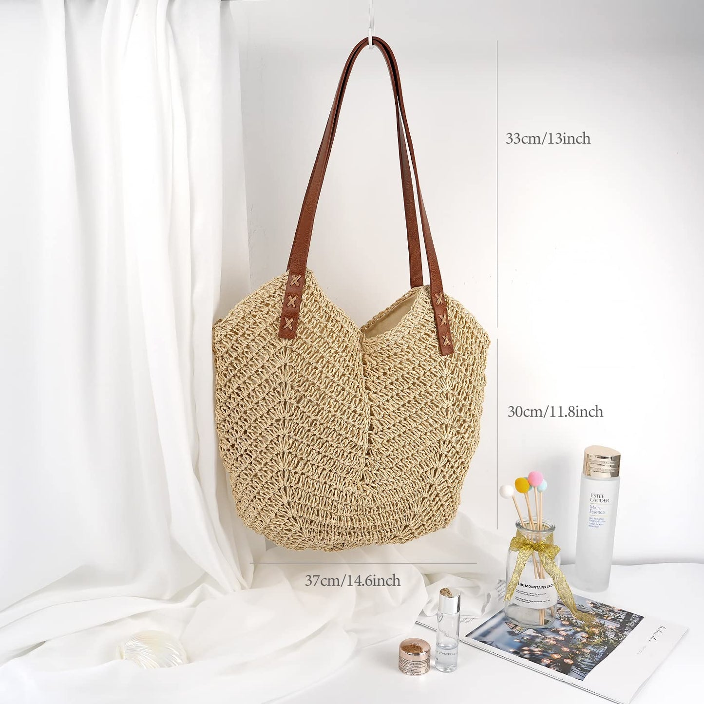 Straw Beach Bag for Women Large Straw Tote Bag with Zipper Summer Woven Bag Travel Straw Shoulder Bags for Vocation