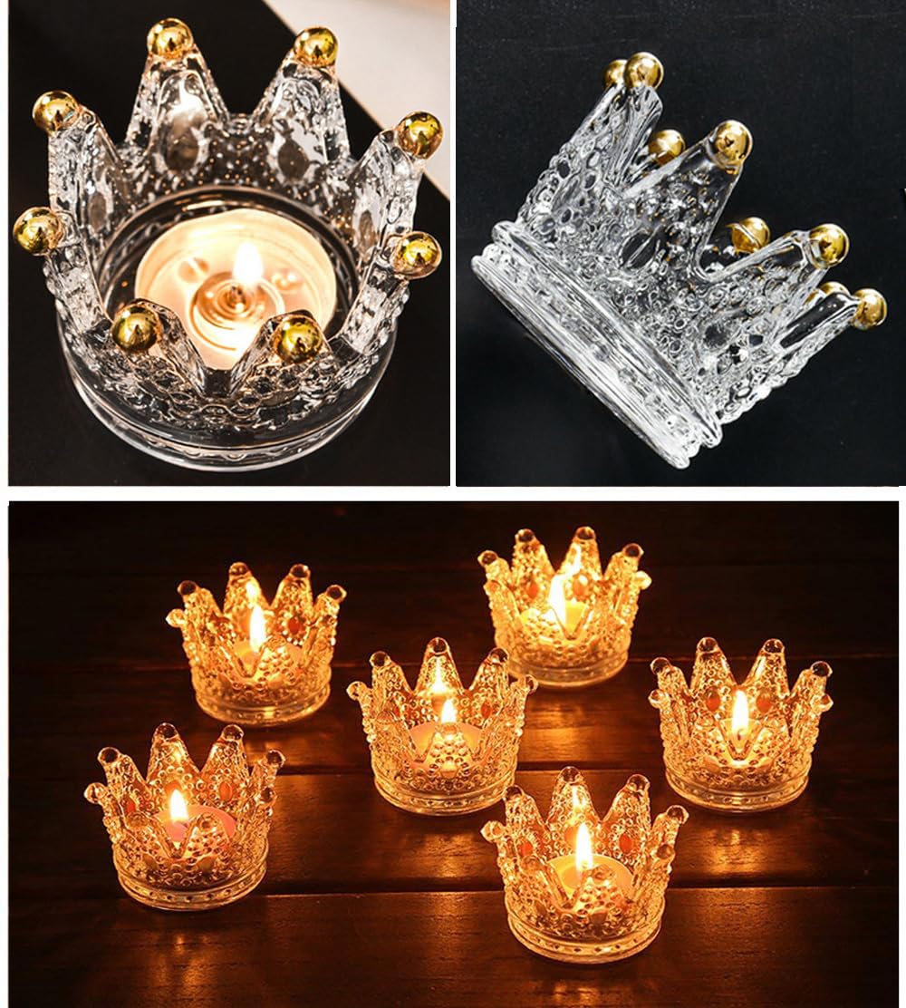 Vixdonos Crown Glass Tealight Candle Holder Set of 12 Votive Candle Holders for Wedding, Party and Home Decor (Gold Tips)