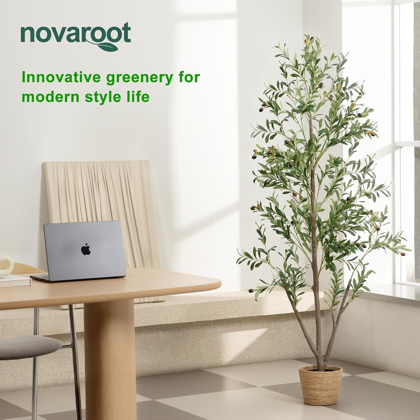 Olive Trees Artificial Indoor, 7FT Tall Faux Olive Tree with Moss and Planter, Artificial Plants Indoor with Natural Wood Trunk and Lifelike Fruits, Fake Tree for Home Office Living Room Decor