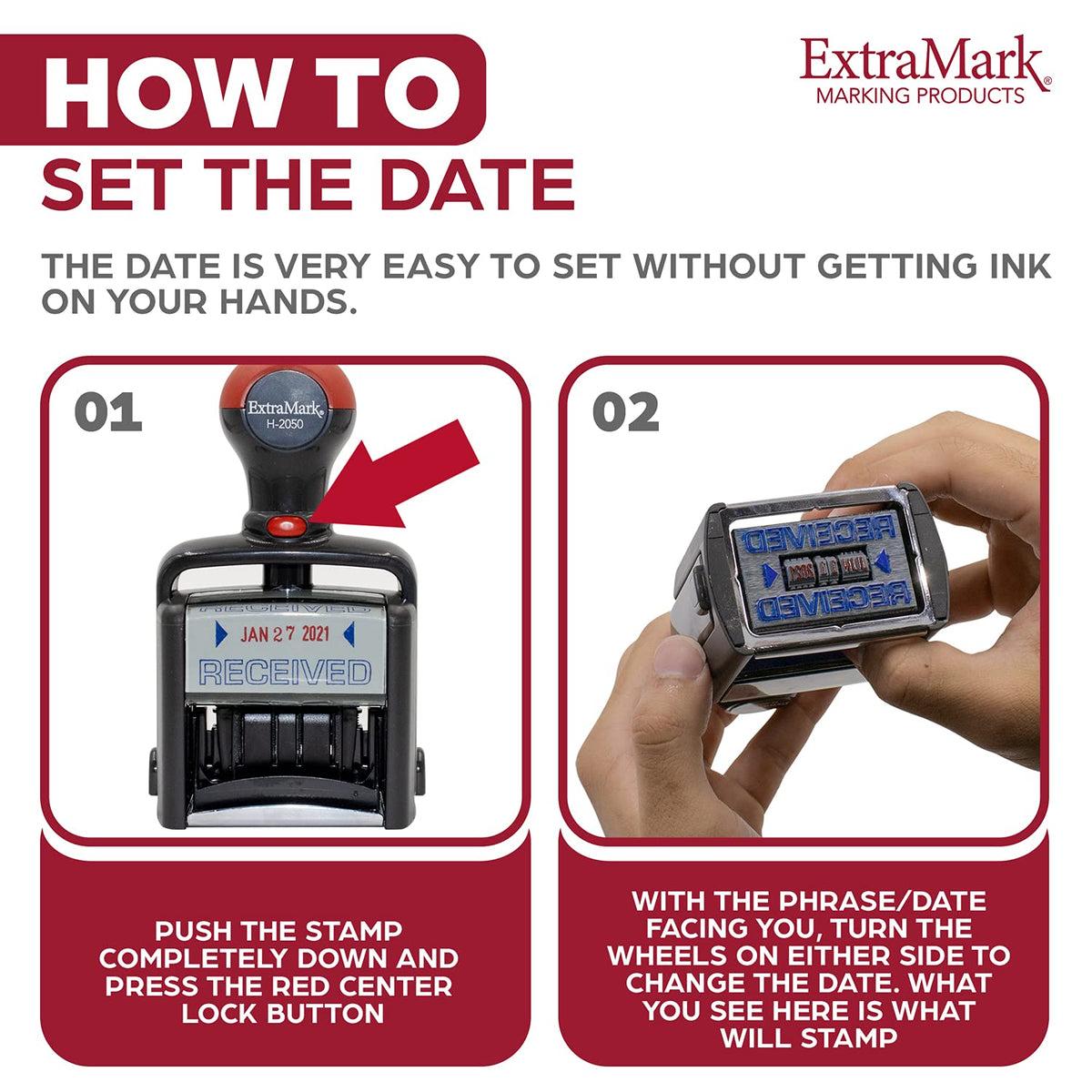 Heavy Duty Style Office Date Stamp with Received - Self Inking Dater - Style C - Blue & Red Ink Color
