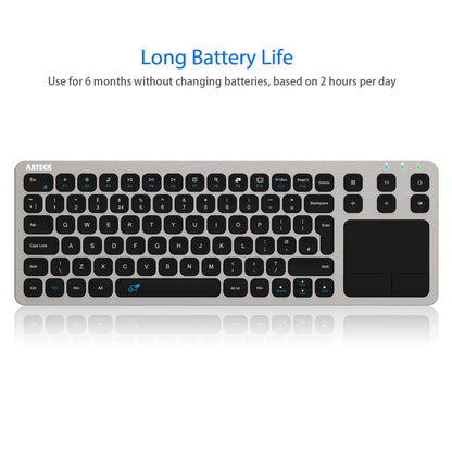 Arteck 2.4G Wireless Touch TV Keyboard with Easy Media Control and Built-In Touchpad Solid Stainless Steel Ultra Compact Full Size QWERTY UK Layout Keyboard for TV-Connected Computer, Smart TV, HTPC