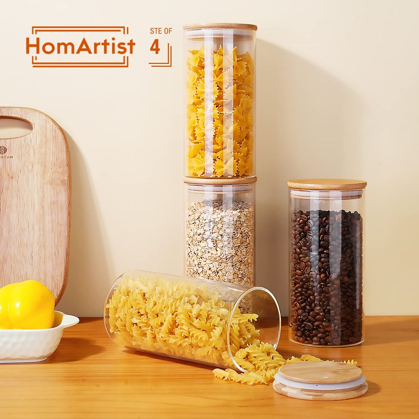 HomArtist Glass Jars with Bamboo Lids 180oz X2 & 96oz X2 & 79oz X3 & 53oz X4 [Set of 11], Glass Canisters with Airtight Lids, Glass Food Storage Containers