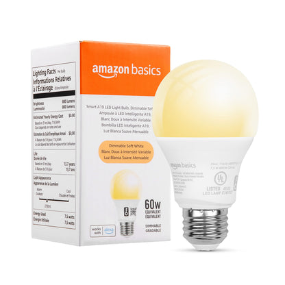 Amazon Basics Smart A19 LED Light Bulb, Color Changing, 9W (60W Equivalent), 800LM, Works with Alexa Only, 2.4 GHz Wi-Fi, No Hub Required, 1 Pack
