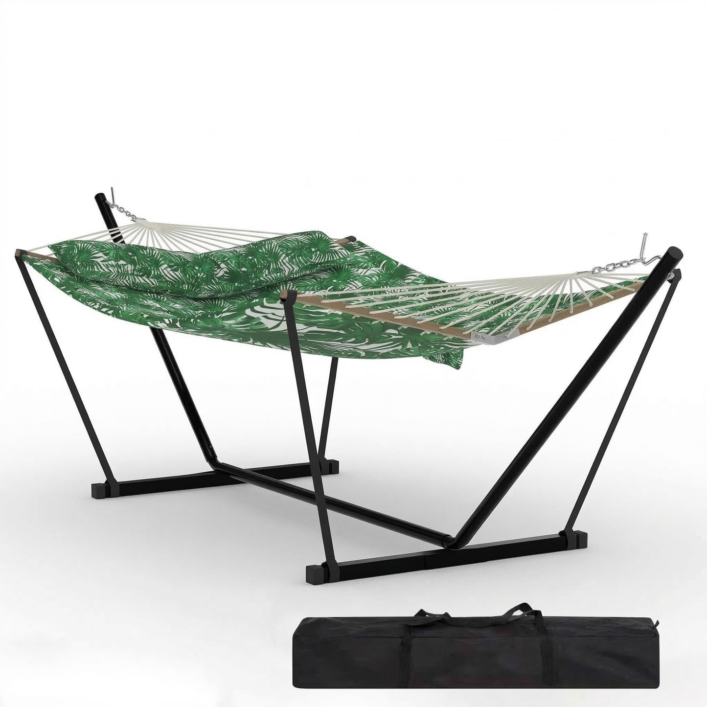 Double Hammock with Stand for Outdoor Use – 2-Person Portable Hammock with Curved Spreader Bar & Balance Ropes, Heavy Duty 450 LBS Capacity for Backyard, Patio & Camping, Green