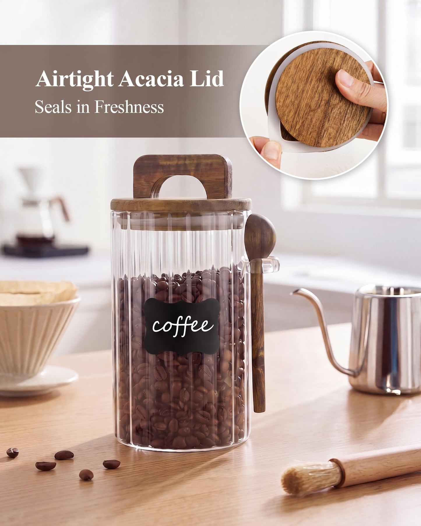 NiHome Ribbed Glass Coffee Container with Wooden Lid & Spoon, 27 oz Airtight Storage Jar for Coffee Beans, Tea, Sugar & Salt, Wide Mouth Food Canister with Ergonomic Handle