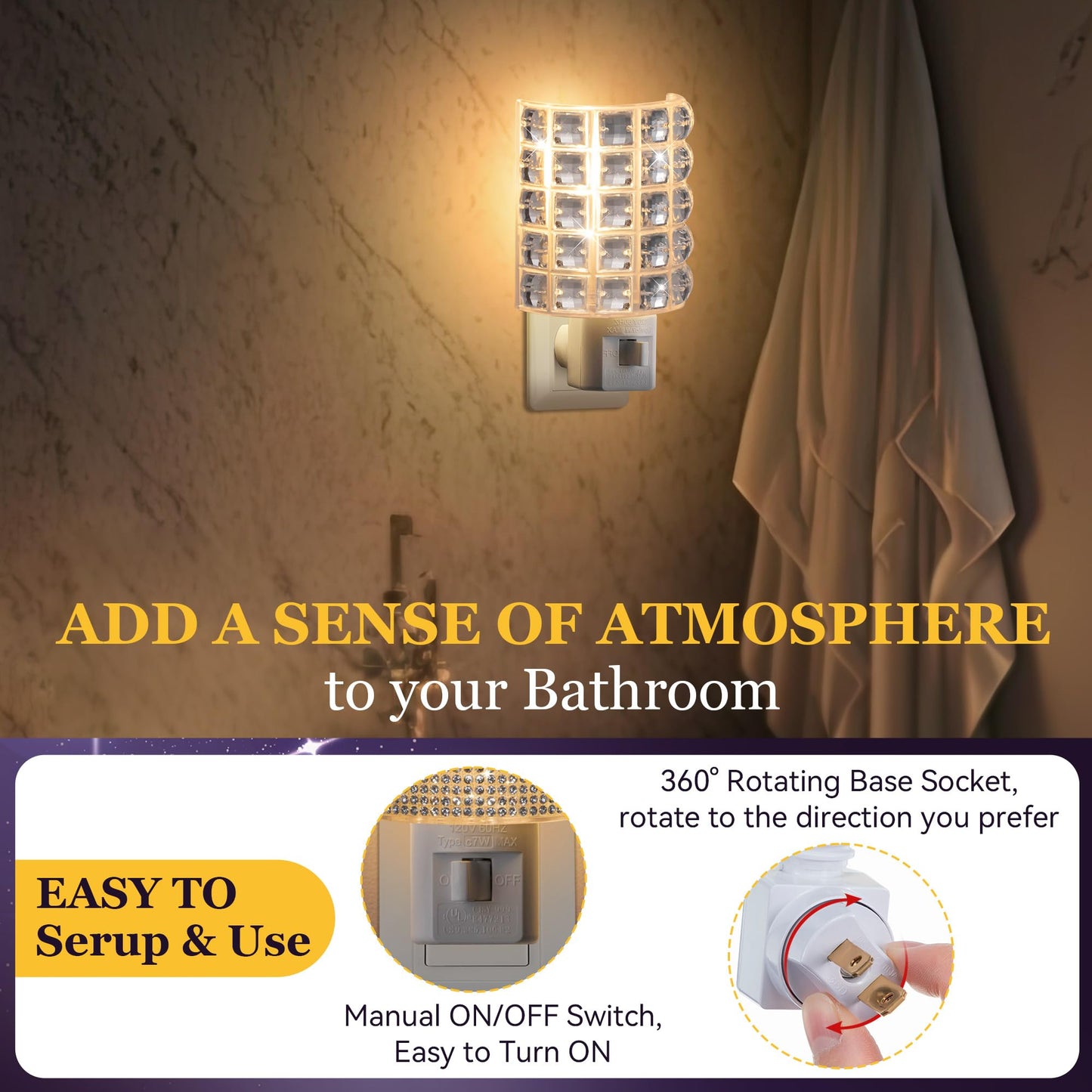 Crystal Diamond LED Night Light Plug into Wall, Decorative Plug in Night Light with Manual On/Off Switch and 360° Rotating Plugs, Warm White Ambient Nightlight for Bedroom, Bathroom, Hallway Decor