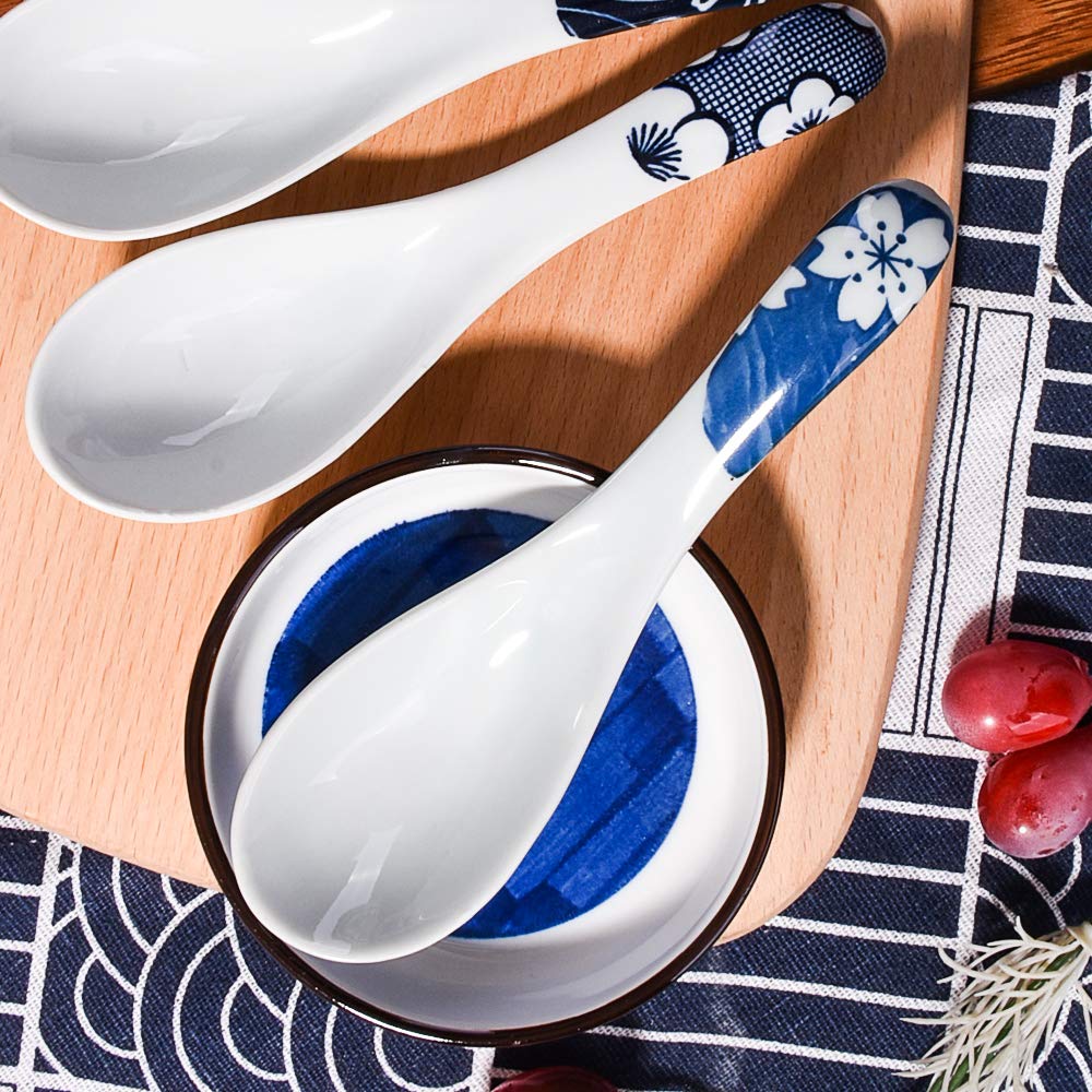 Japanese Soup Spoons set of 4, Blue and White Series Color Spoon for Soup Broth