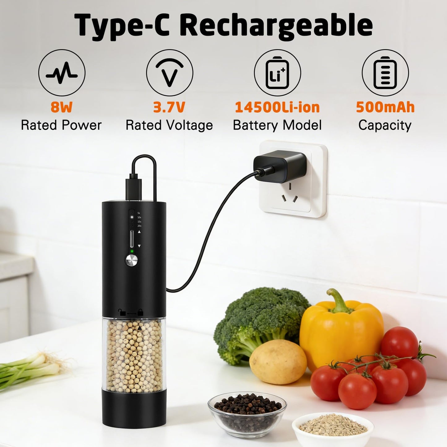 118ml Large Capacity Electric Salt,Pepper and Spice Grinder,USB-C Rechargeable Automatic Mill with 15 Precise Settings, LED Light, Premium Matte Black Kitchen Gadget [Single Pack]