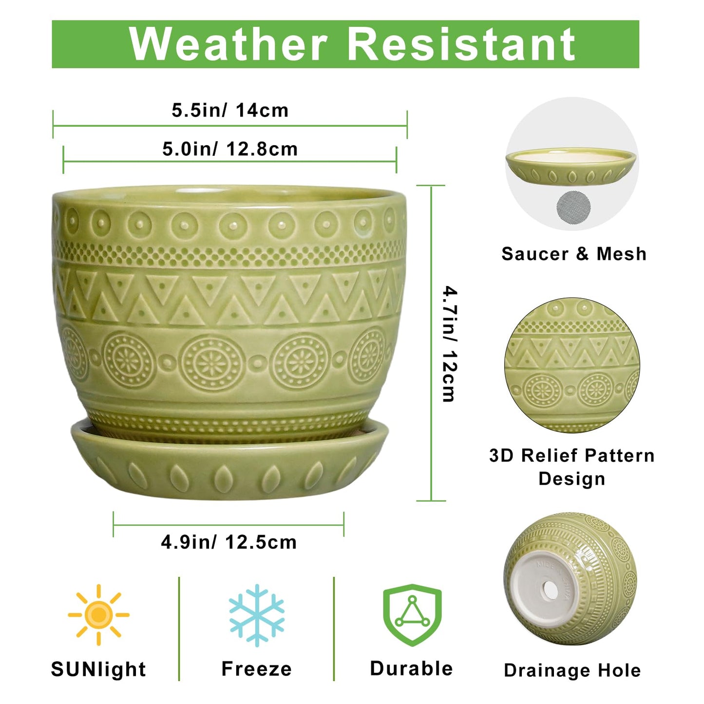 G EPGardening Indoor Plant Pot 5.5 Inch - Ceramic Planter with Drainage Hole and Saucer, Round Boho Plant Pot for Indoor Plants, Plant Lover Gifts, Home Garden Office Decor, Green