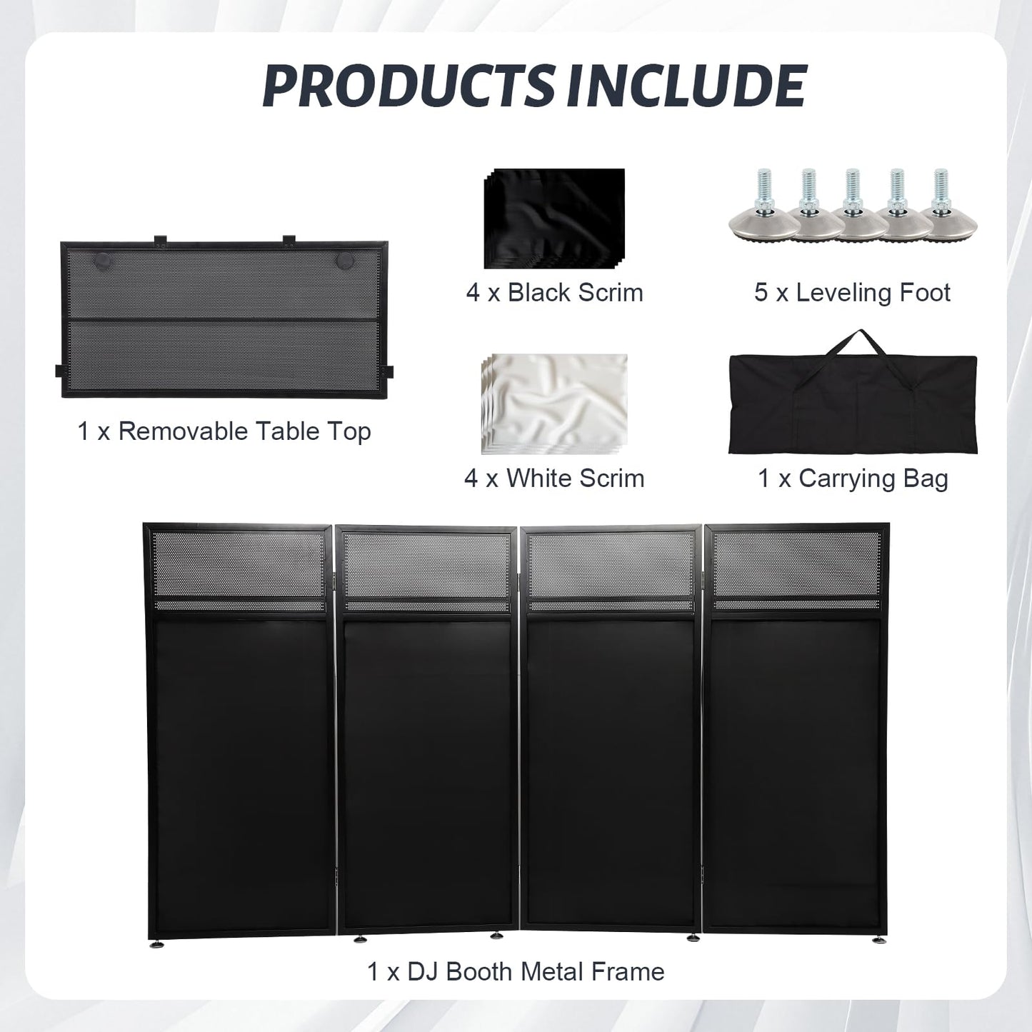 Portable DJ Booth Table Station 44"x42.2"x20.6", Foldable Metal Frame DJ Facade with Black & White Scrims, Detachable 40"x20" DJ Table, Adjustable Height, Carry Bag for Show, Party, Wedding, Events
