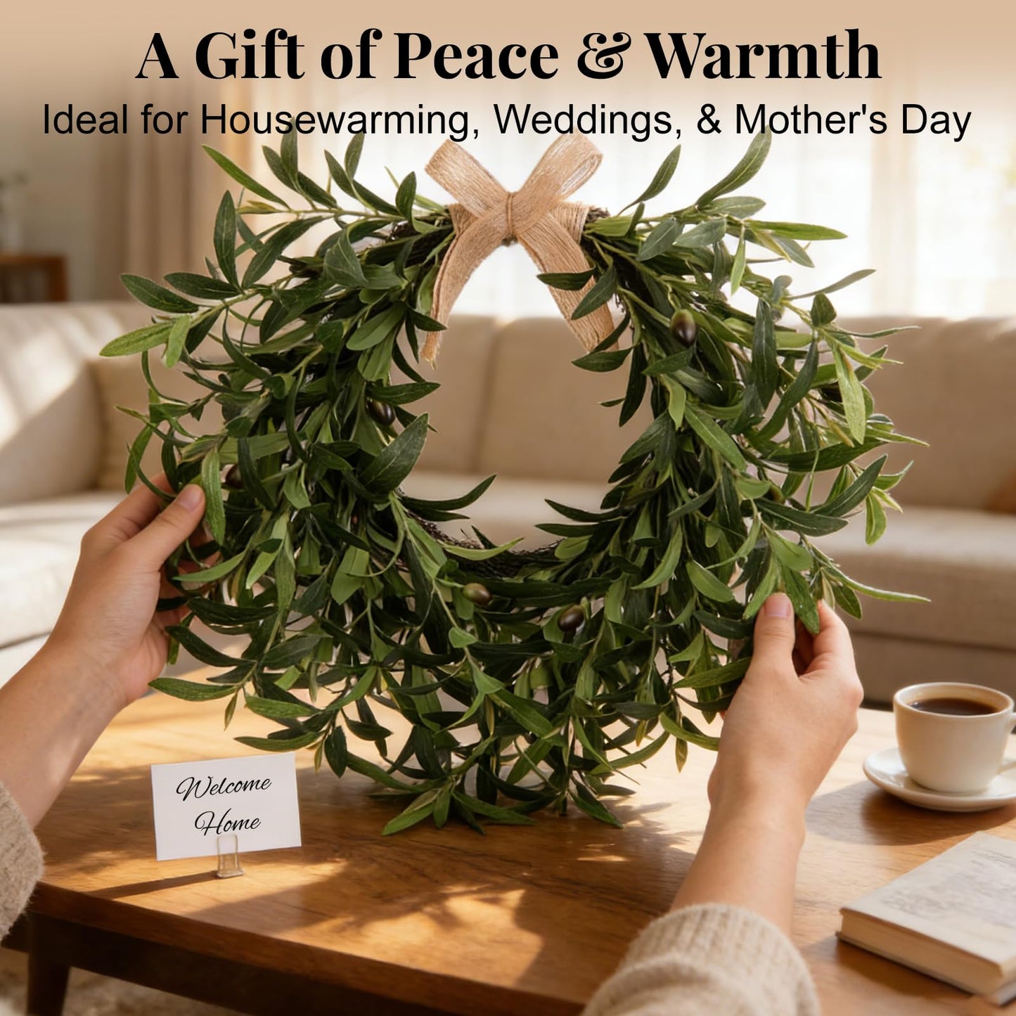 Artificial Olive Wreath for Front Door - 22 Inch Faux Greenery Wreath with Burlap Bow & Olives - Modern Farmhouse Wall Decor, Year Round Spring Summer Wreath for Indoor Outdoor Wedding Entryway