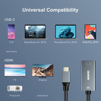 BENFEI USB C to HDMI Adapter 4K@60Hz Thunderbolt 3 to HDMI Adapter for MacBook Pro 2019/2018/2017, MacBook Air/iPad Pro 2018, Samsung Galaxy S10/S9[Aluminum alloy shell & nylon cable]