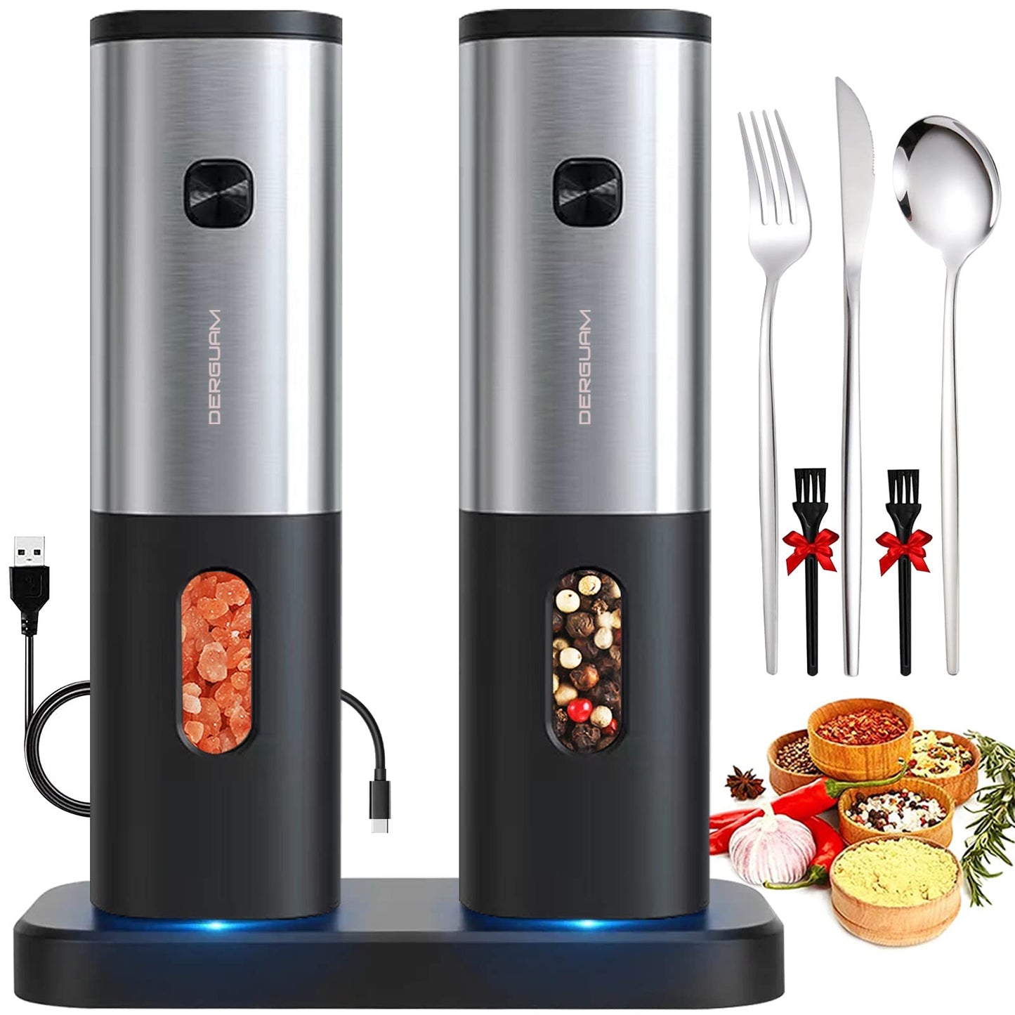 Rechargeable Electric Salt and Pepper Grinder Set with Charging Base, DERGUAM Stainless Steel Pepper Grinder with Adjustable Coarseness and Led Light