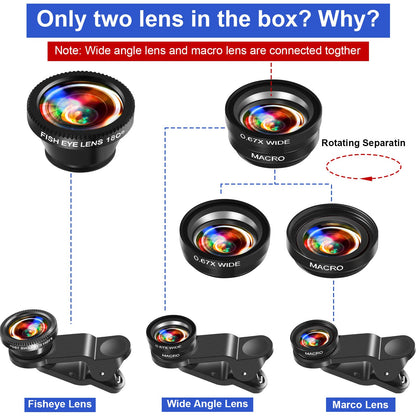 2 Pack Universal 3 in 1 Camera Lens Kit Phone Camera Shot Clip Fisheye Macro Wide Angle Lens Cell Phone Shot Attachments Compatible with Most Smartphones for Video, Live Show, Vlog