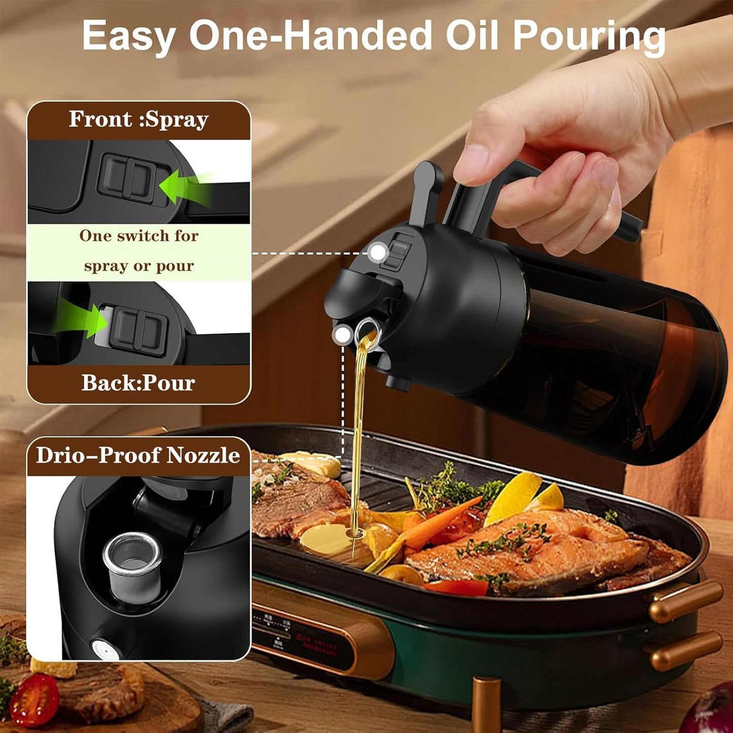 Oil Sprayer for Cooking, 16oz Glass Olive Oil Dispenser Bottle for Kitchen Gadgets, 2 in 1 Spray and Pour Dark Brown Bottle with Stickers for Air Fryer, Salad