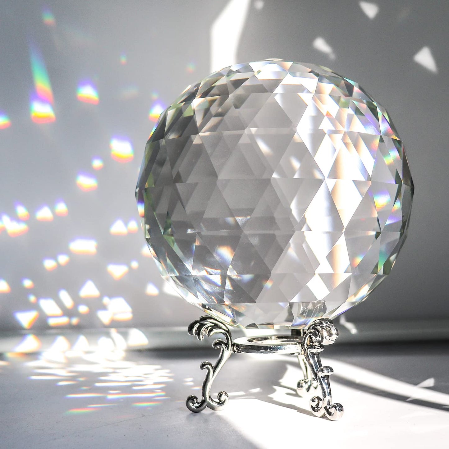 Tirifer Clear Glass Crystal Ball Prisms with Stand, Window Rainbow Maker Sphere Faceted Gazing Ball for Home Décor, Christmas, Wedding, Suncatcher (120mm/4.72in)