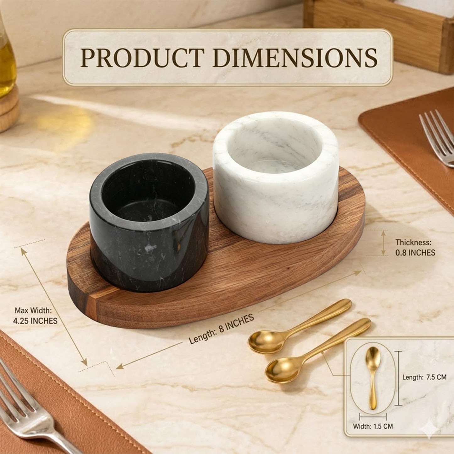 FoldTier 2 Pcs Salt and Pepper Bowls with Spoons on Wooden Tray Marble Salt and Pepper Containers Set with Base for Countertop, Modern Kitchen Black White Storage Decorations