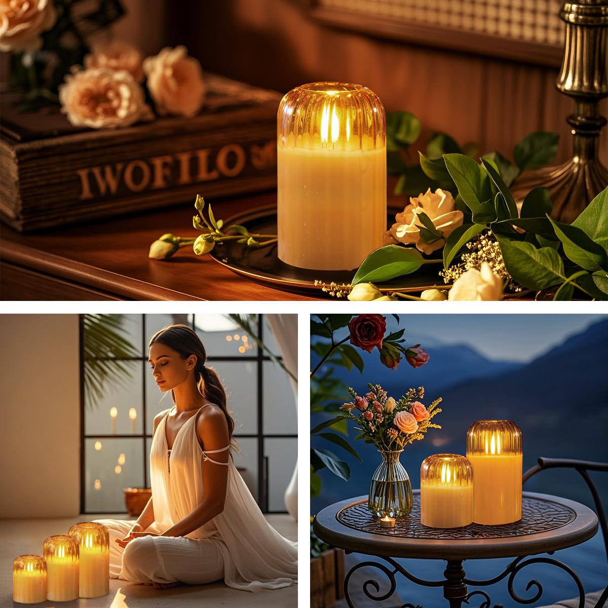 LEDHOLYT Rechargeable Jar Flameless Candle, Flashing LED Pillar Christmas Candle with Remote Control and Timer, Gold Pumpkin Glass Electronic Candles for Room Decoration, 1 Set of 3