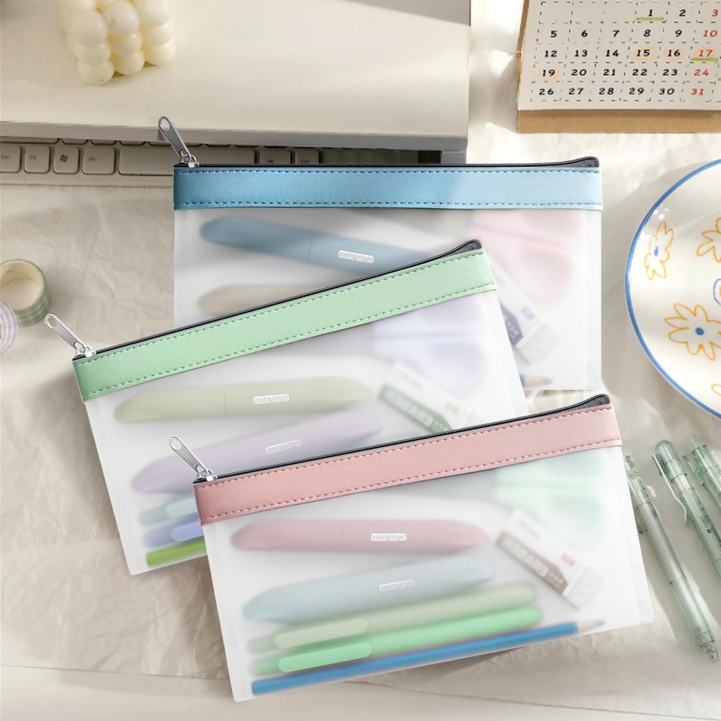 Timart Clear Pencil Pouch-3 Pack, Clear Pencil Case, Pen Holder with Zipper for Kids, Makeup Pouch, Kids Pencil Pouch for Office School Supplies Travel Accessories