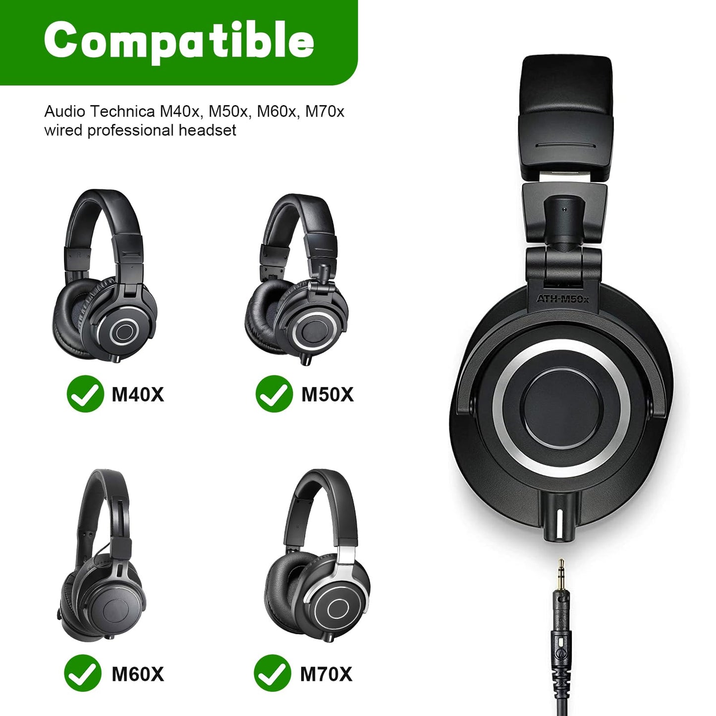 Hizsoaor ATH-M50x Replacement Cable, Audio Cable Compatible with Audio Technica ATH-M50x、ATH-M40x、ATH-M70x、ATH-M60x Coiled AUX Headphone Extension Cable with 6.35mm(1/4") Adapter(4ft extends to 10ft)