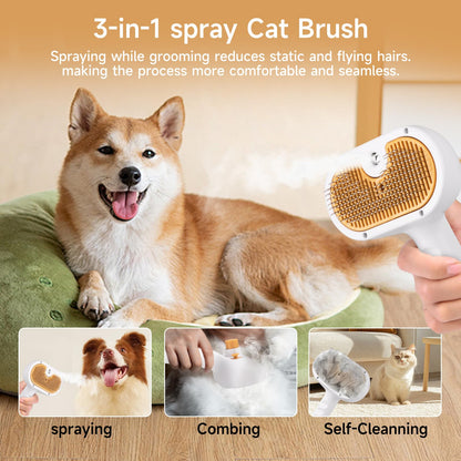 Steam Brush for Dog & Cat – 3-in-1 Pet Spray Hair Removal Comb – Pet Grooming & Shedding Steam – Includes 2*Waterless Shampoo – Water Brush for Long & Short Haired Pets – Defur Spritz Comb