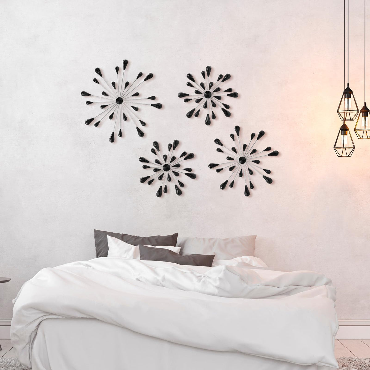 Hicarer 4 Pcs Starburst Wall Decor Bling Wall Art Crystal Teardrop 3D Hanging Rhinestone Radial Metal Artwork Modern Accent Sculptures Decorations for Living Room Home Office Bedroom(Black Diamond)