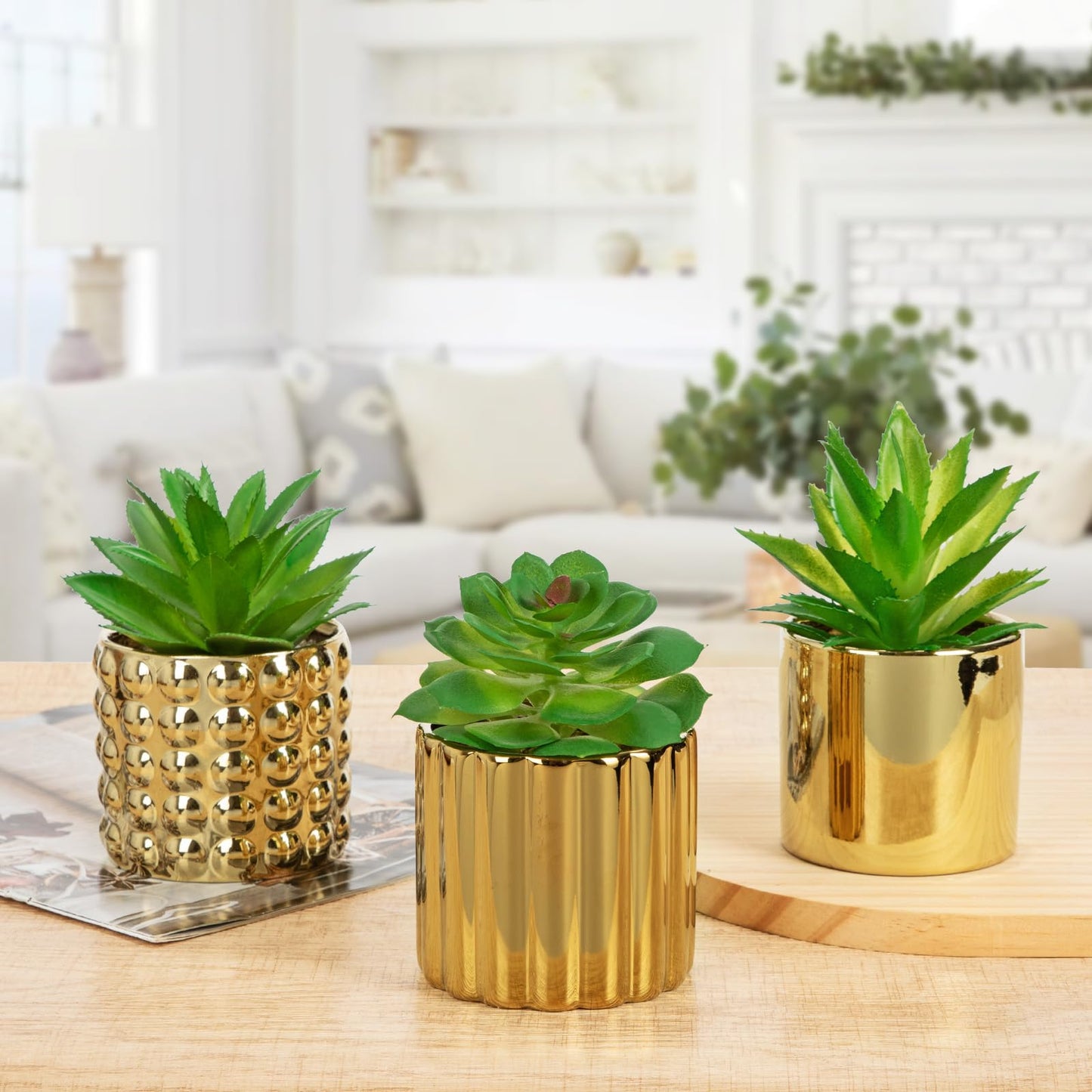 Briful Succulents Plants Artificial in Gold Ceramic Pots (Set of 3), Small Fake Plants for Home Office Desk Decor – Modern Mini Potted Succulents for Bathroom, Bedroom, Living Room Table, Shelf