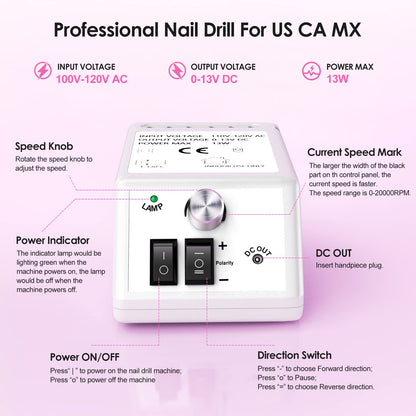 Professional Nail Drill Machine 30000 RPM Efile Electric Nail Filer Kit for Finger Toe Nails, Acrylic Gel Nails, Manicure Pedicure Drill with 6Pcs Nail Bits, 106Pcs Sanding Bands - Pink