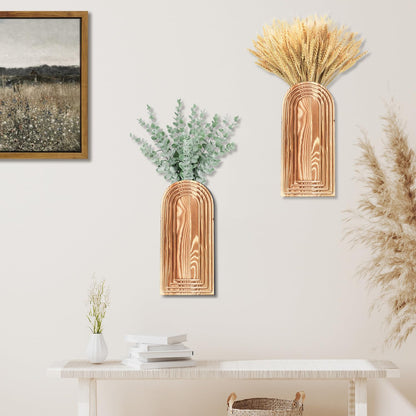 Dnnnii 2 Pack Wooden Wall Vase Set - Brown Finish Modern Farmhouse & Boho Wall Decor for Entryway, Hallway, Bathroom, Living Room, Dining Room, Narrow Spaces