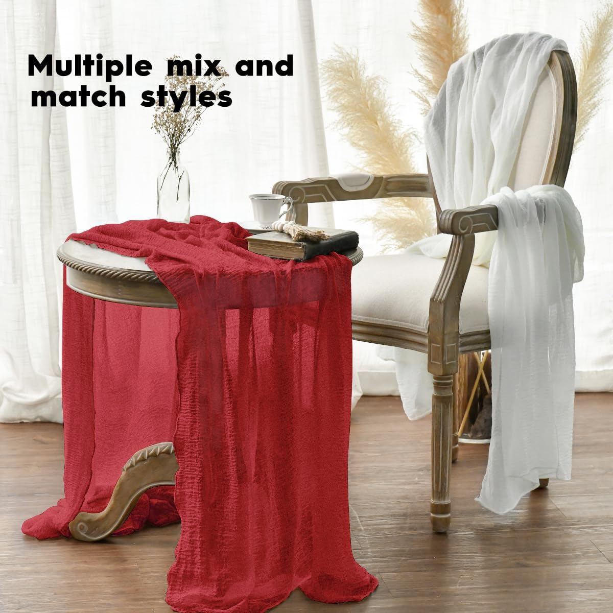 Artoid Mode Boho Cheesecloth Gauze Red Wedding Table Runner, 120 Inch Seasonal Christmas Fabric Kitchen Dining Holiday Table Decor for Home Party Indoor