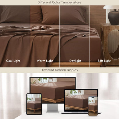 MooMee Fitted Bottom Sheet Only 100% Washed Cotton Linen Like Textured Breathable Durable Soft Comfy Deep Pocket Fits Mattress up to 17" (Cocoa Brown, Queen)