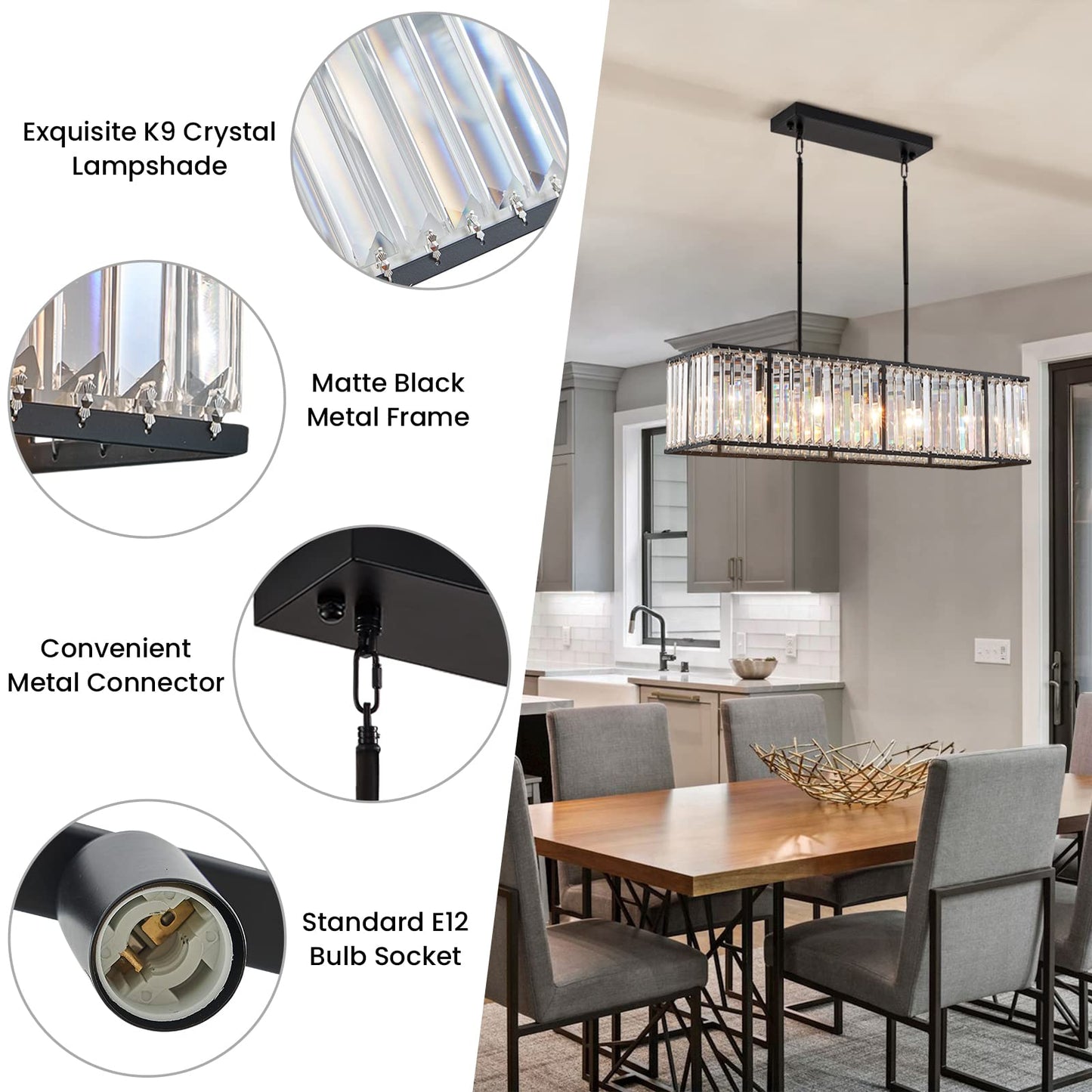 Siljoy Modern Rectangular Crystal Chandelier, 5 Lights Black Rectangle Raindrop Chandelier Lighting, Industrial Linear Pendant Ceiling Light Fixture for Dining Living Room Kitchen Island L33.5''