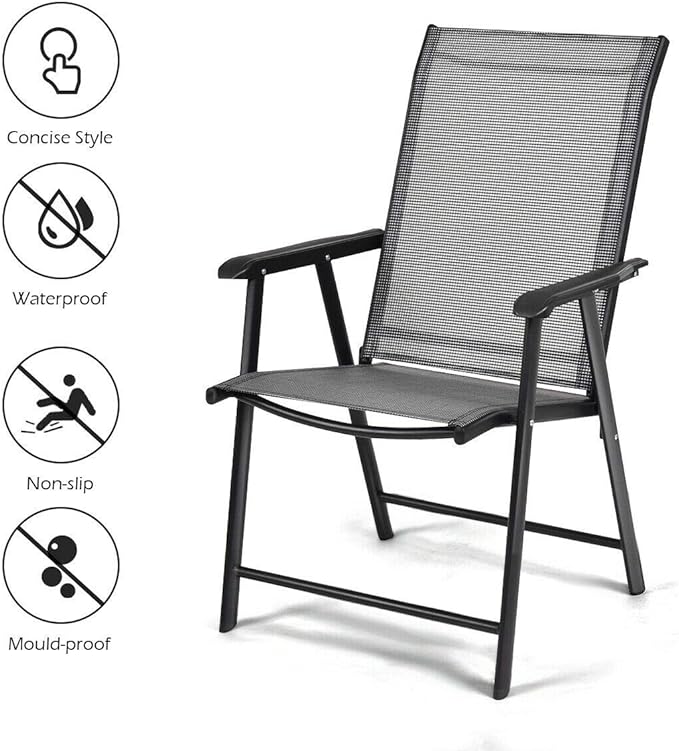 Giantex Set of 2 Patio Folding Chairs, Outdoor Chairs with Armrest, Portable Dining Chairs for Porch Camping Pool Beach Deck Lawn Garden, 2-Pack Patio Sling Chairs, Metal Frame, Grey