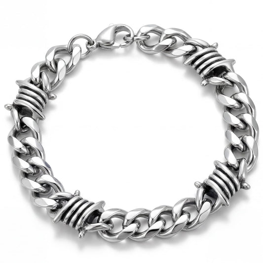 LuxGoth Stainless Steel Barbed Wire Thorns Chunky Cuban Link Chain Bracelet Gothic Punk Rock Biker Vintage Viking Brambles Link Curb Bracelet Jewelry for Men Women Silver GTS-B1B45057