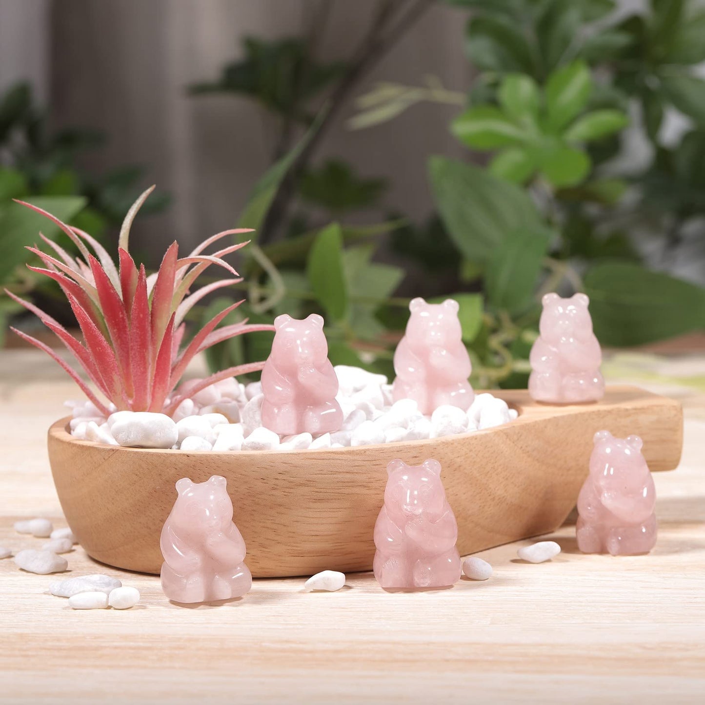 mookaitedecor Set of 2 Hand Carved Rose Quartz Crystal Bear Figurine, Carving Animal Statue Sculpture Pocket Stone for Home Office Decor Collectible