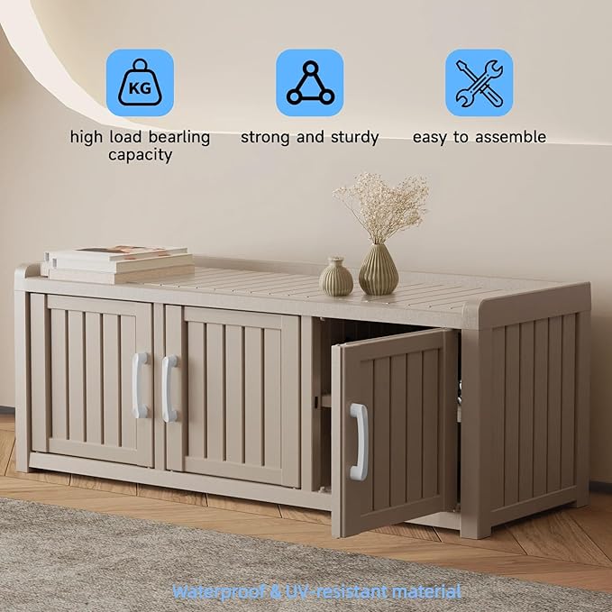 3 Doors Shoe Bench, Waterproof & UV-Resistant, Resin Shoe Cabinet Indoor & Outdoor Use, Entryway Bench with Adjustable Shelves & Hidden Storage Space for Bedroom, Hallway, Grey