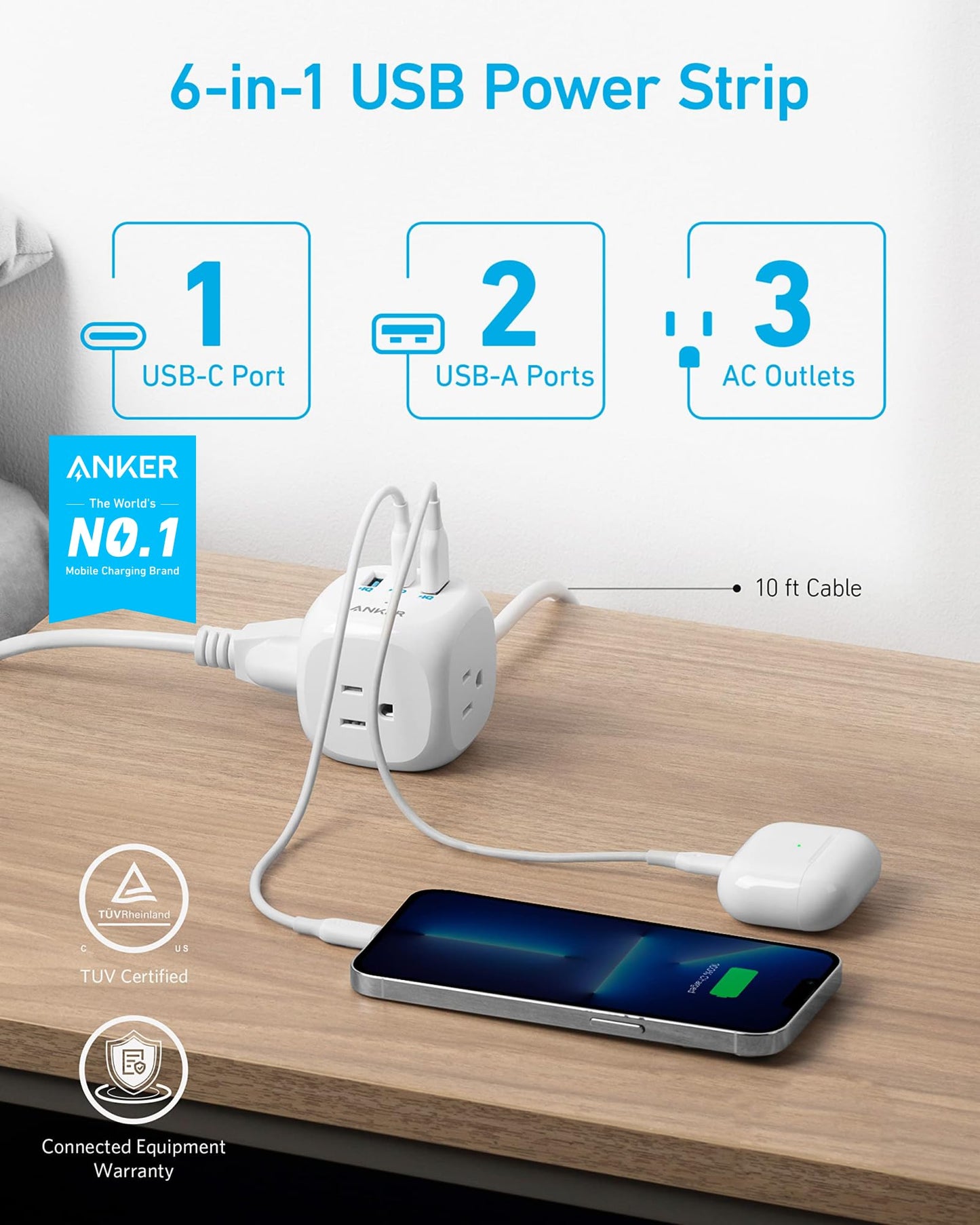 Anker 20W USB C Power Strip, 321 Power Strip with 3 Outlets and USB C Charging for iPhone 15/15 Plus/15 Pro/15 Pro Max, 5 ft Extension Cord, Power Delivery Charging for Dorm Rooms,Home Office