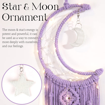 Macrame Moon Dream Catcher for Girl, Purple Boho Crescent Dreamcatcher for Bedroom, Handmade Nursery Room Wall Hanging with Star Pendant for Teen Boy, Bohemian Home Decoration Idea