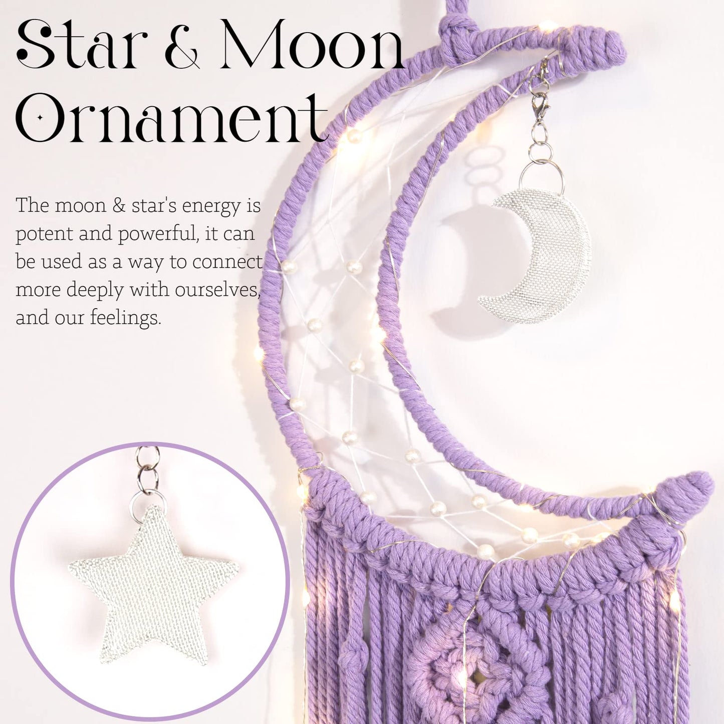 Macrame Moon Dream Catcher for Girl, Purple Boho Crescent Dreamcatcher for Bedroom, Handmade Nursery Room Wall Hanging with Star Pendant for Teen Boy, Bohemian Home Decoration Idea