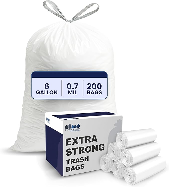 Plasticplace 4 - 6 Gallon White Drawstring Bags, 100% Prime Material, 0.7 Mil