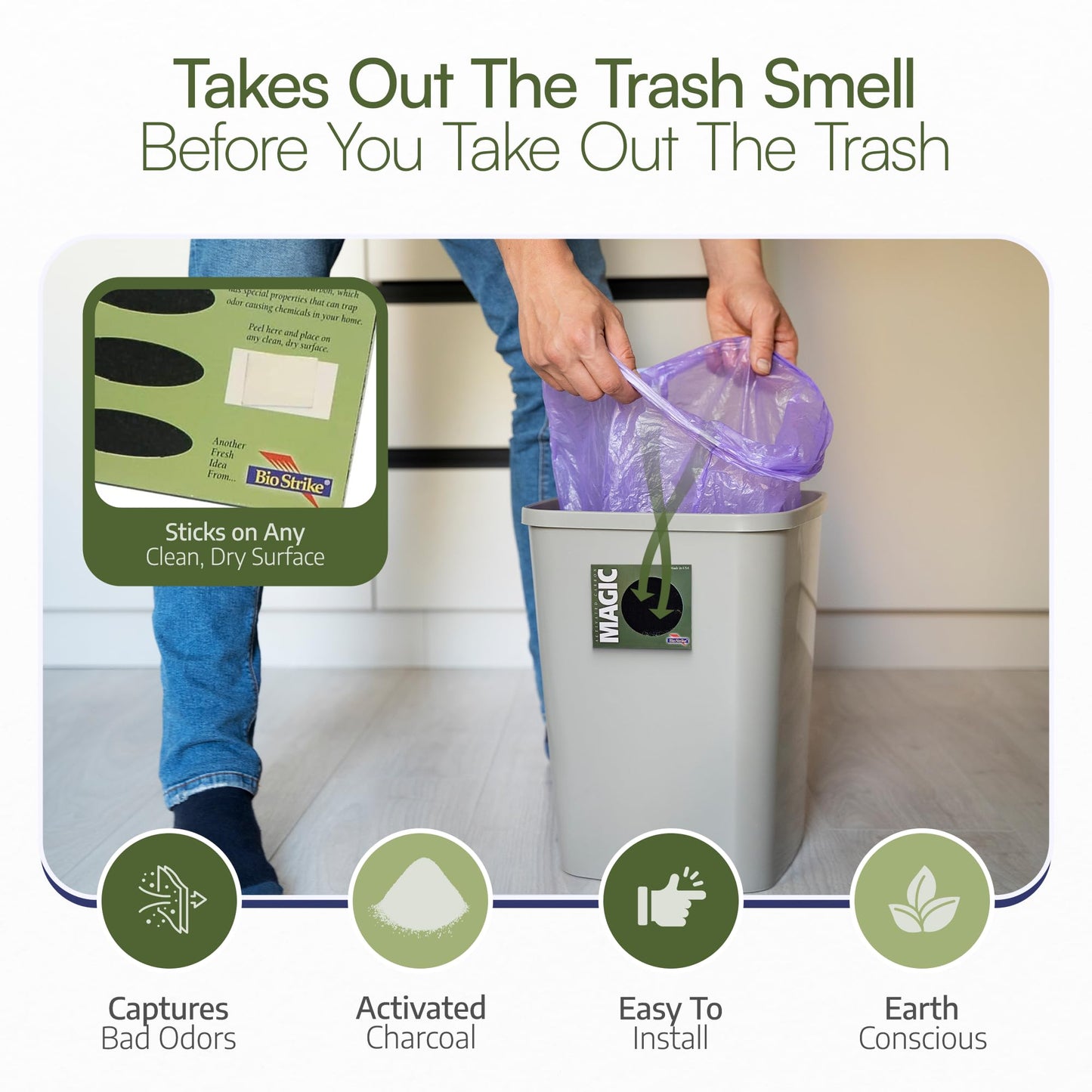 Trash Magic Activated Charcoal Trash Can Odor Eliminator - Peel & Stick Garbage Can Deodorizer - Air Freshener for Fridge, Compost, Drawers & Diaper Pails - Lasts 4 Months - Made in USA (8 Pack)