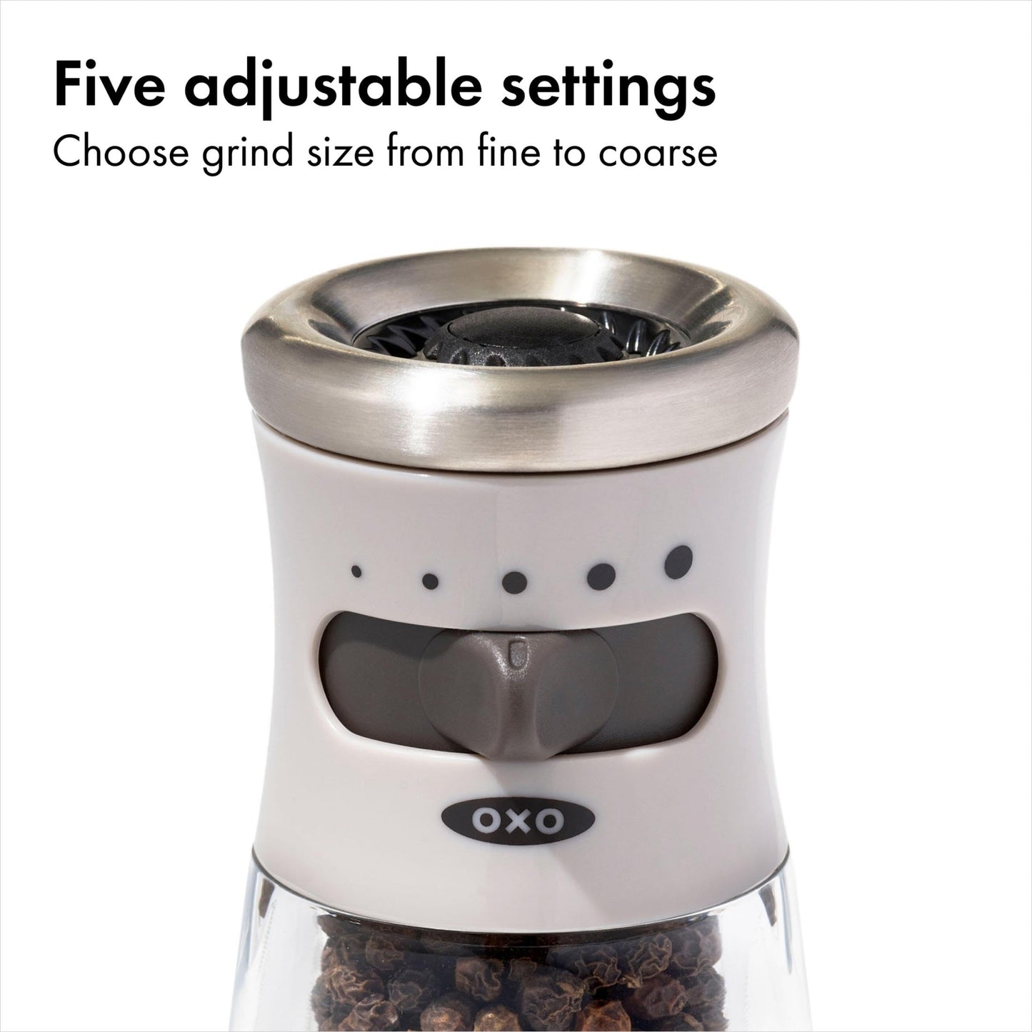 OXO Good Grips Contoured Mess-Free Pepper Grinder, Adjustable Ceramic Grinder with Five Settings, Black Pepper Mill for Home and Kitchen, Spice Tool and Kitchen Gadget