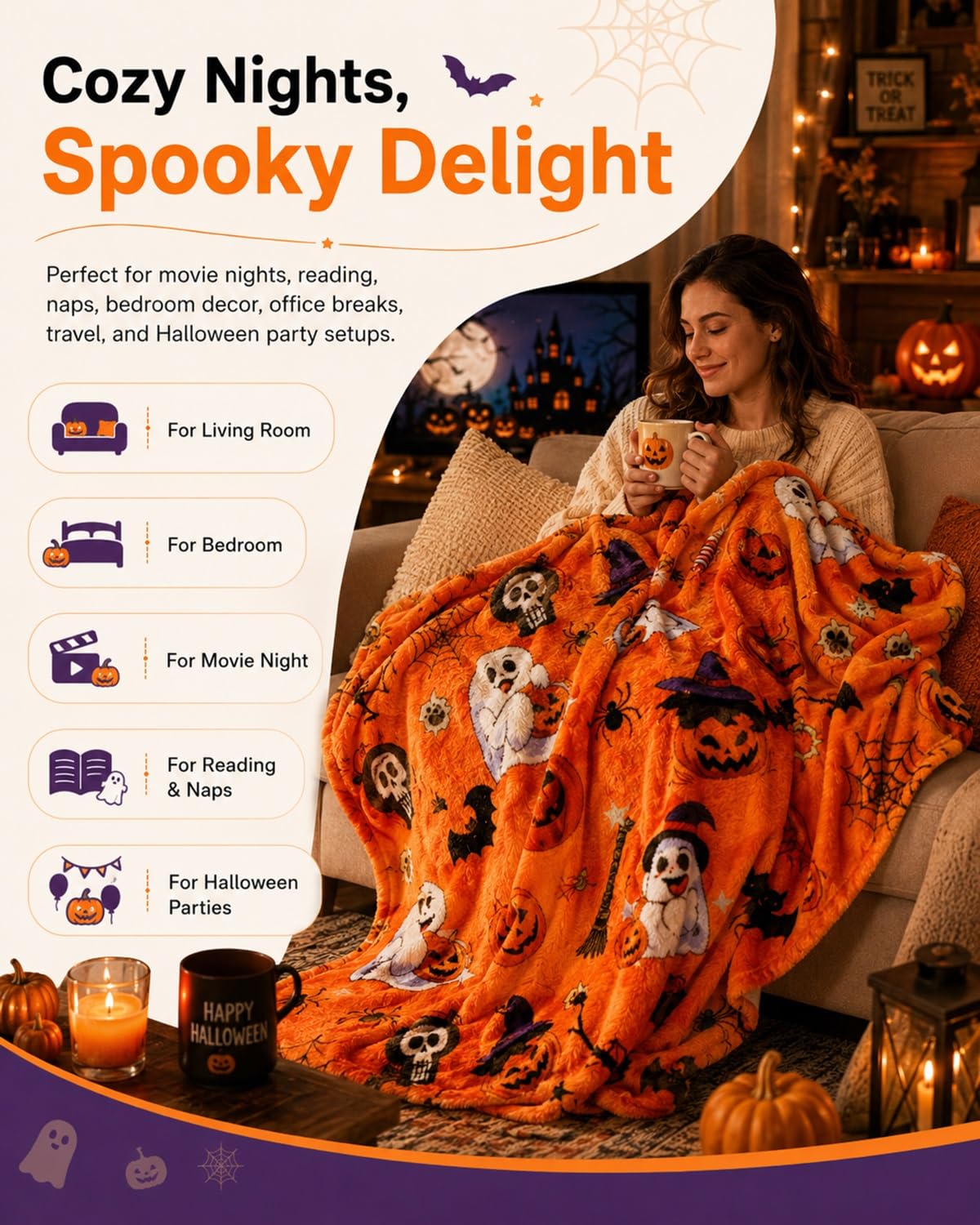 Halloween Throw Blanket Couch Cozy Flannel Decoration for Party Bed Soft Flannel Ghost Blanket Halloween Harvest Gifts Horror Ghost Bat Pumpkin(Model5,50x80in)