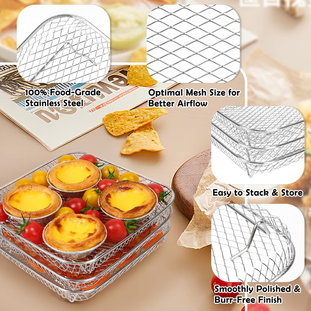 BYKITCHEN 8 inch Square Air Fryer Rack, 3pcs Stackable Stainless Steel Dehydrator Rack with Silicon Feet, Square Air Fryer Accessories for Cosori, Instant Vortex, Ninja Pro XL 6.5 QT AF181 & More