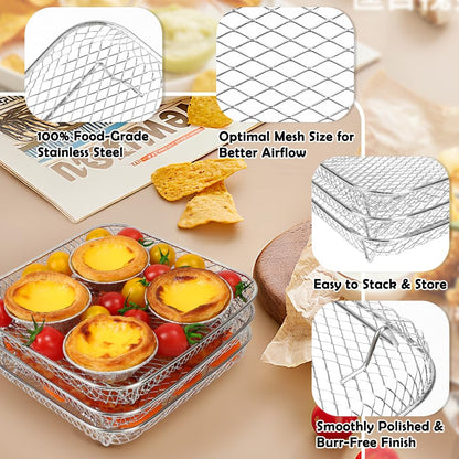 BYKITCHEN 8 inch Square Air Fryer Rack, 3pcs Stackable Stainless Steel Dehydrator Rack with Silicon Feet, Square Air Fryer Accessories for Cosori, Instant Vortex, Ninja Pro XL 6.5 QT AF181 & More