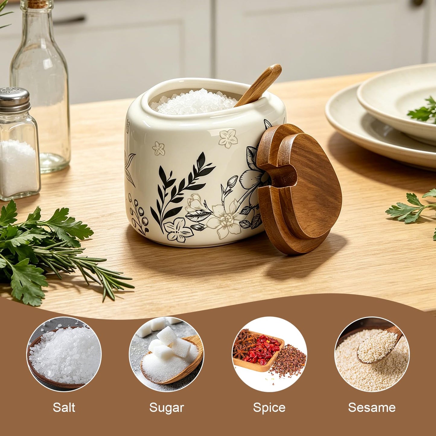 Salt Cellar 13.4 oz, Chinese Classical Vine Pattern Porcelain Salt Container with Wooden Lid & Bamboo Spoon, Ceramic Seasoning Bowl for Pepper & Spices, Kitchen Countertop Salt Holder (Triangular)