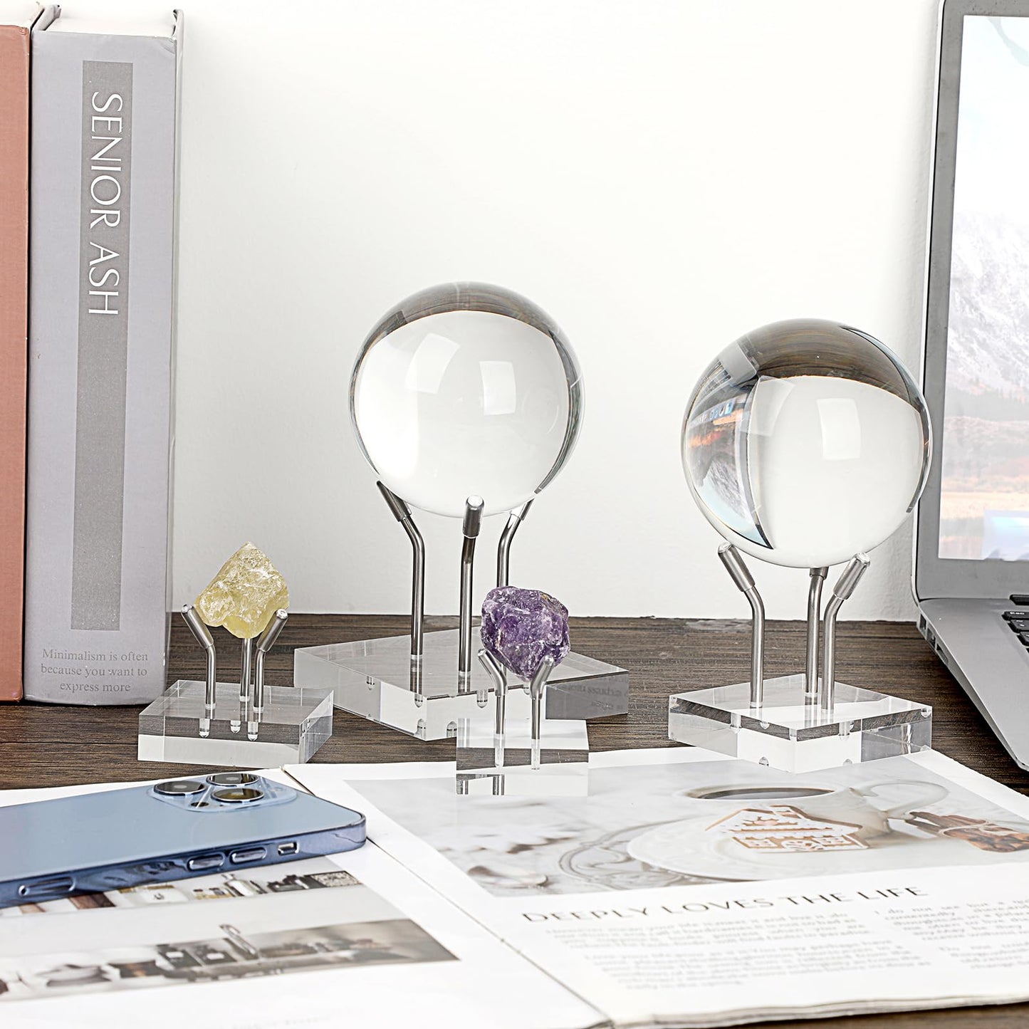 Hipiwe Metal Arm Display Stand Easel with Acrylic Base Decorative Crystal Ball Stand Pedestal for Sphere Mineral Geodes Rock Fossils Seashell, X-Large,Silver