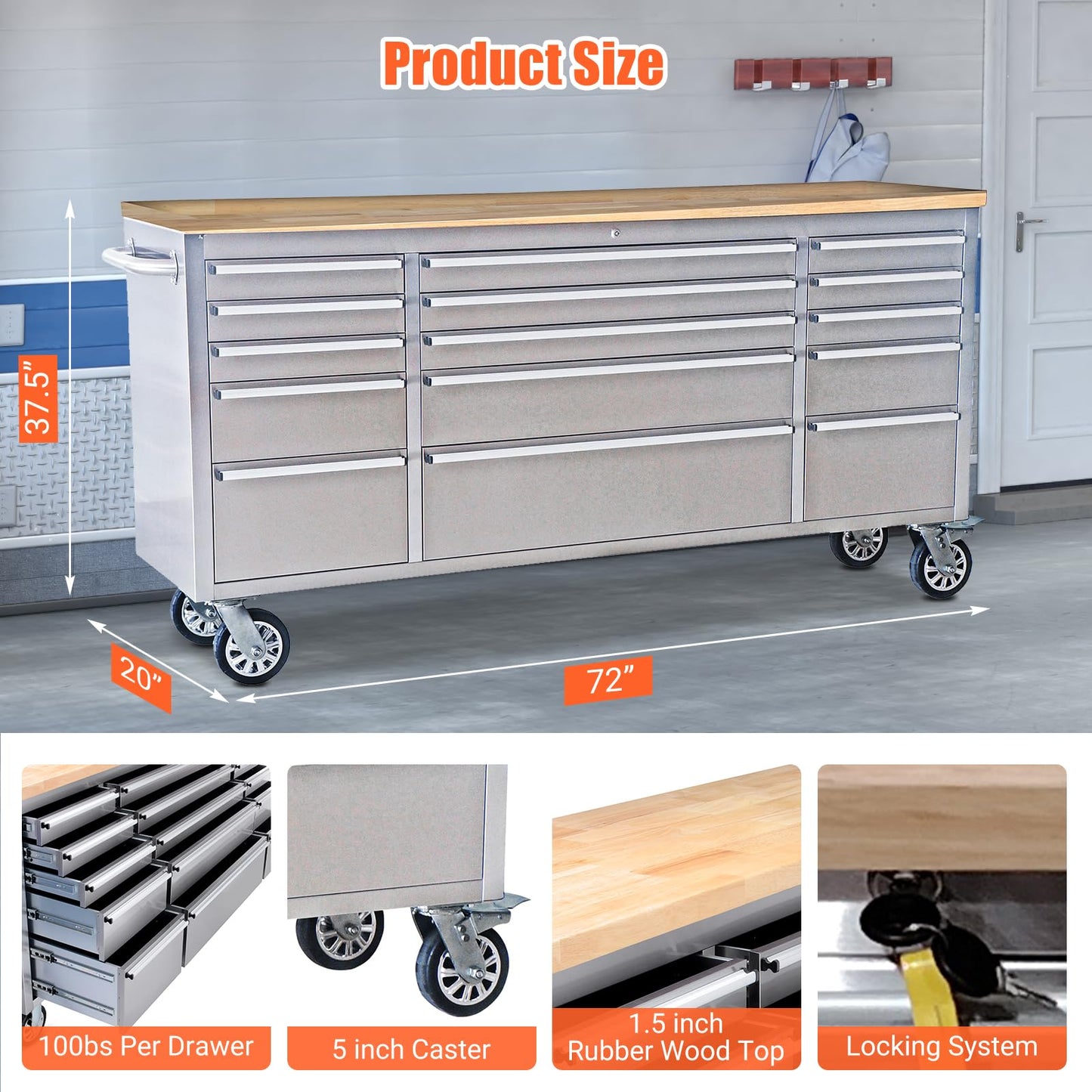 72 Inch Heavy Duty Rolling Tool Chest, Stainless Steel Tool Cabinet with 15 Drawers, Solid Wood Top Workbench, Mobile Toolbox Organizer with Locking Wheels, Power Outlets, for Garage, Workshop, Storag