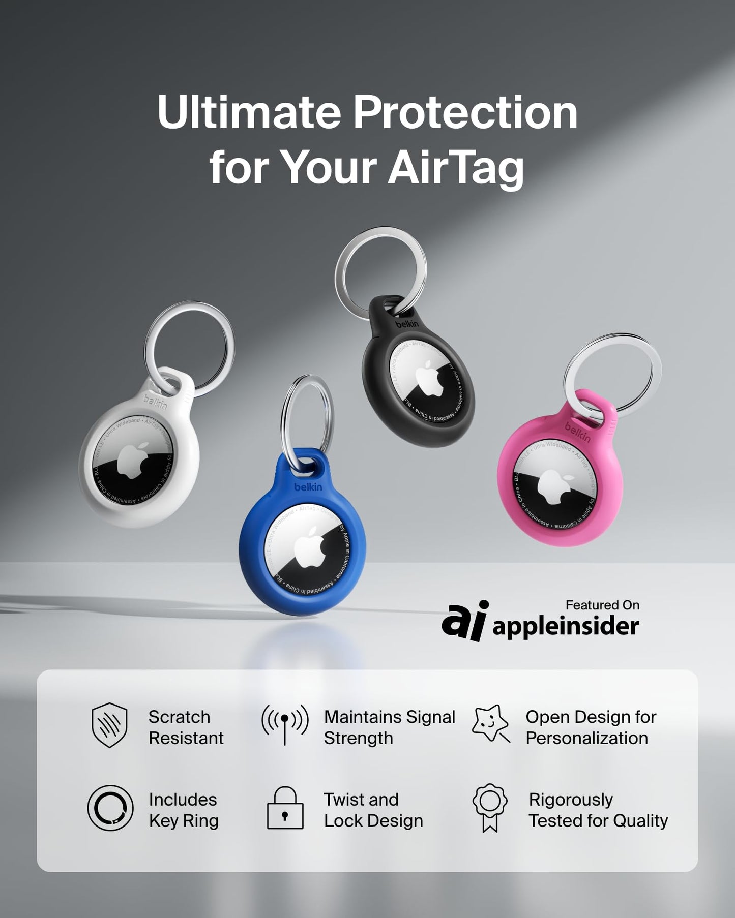 Belkin F8W973 AirTag Case with Key Ring (Secure Holder Protective Cover for Air Tag with Scratch Resistance Accessory) - Black