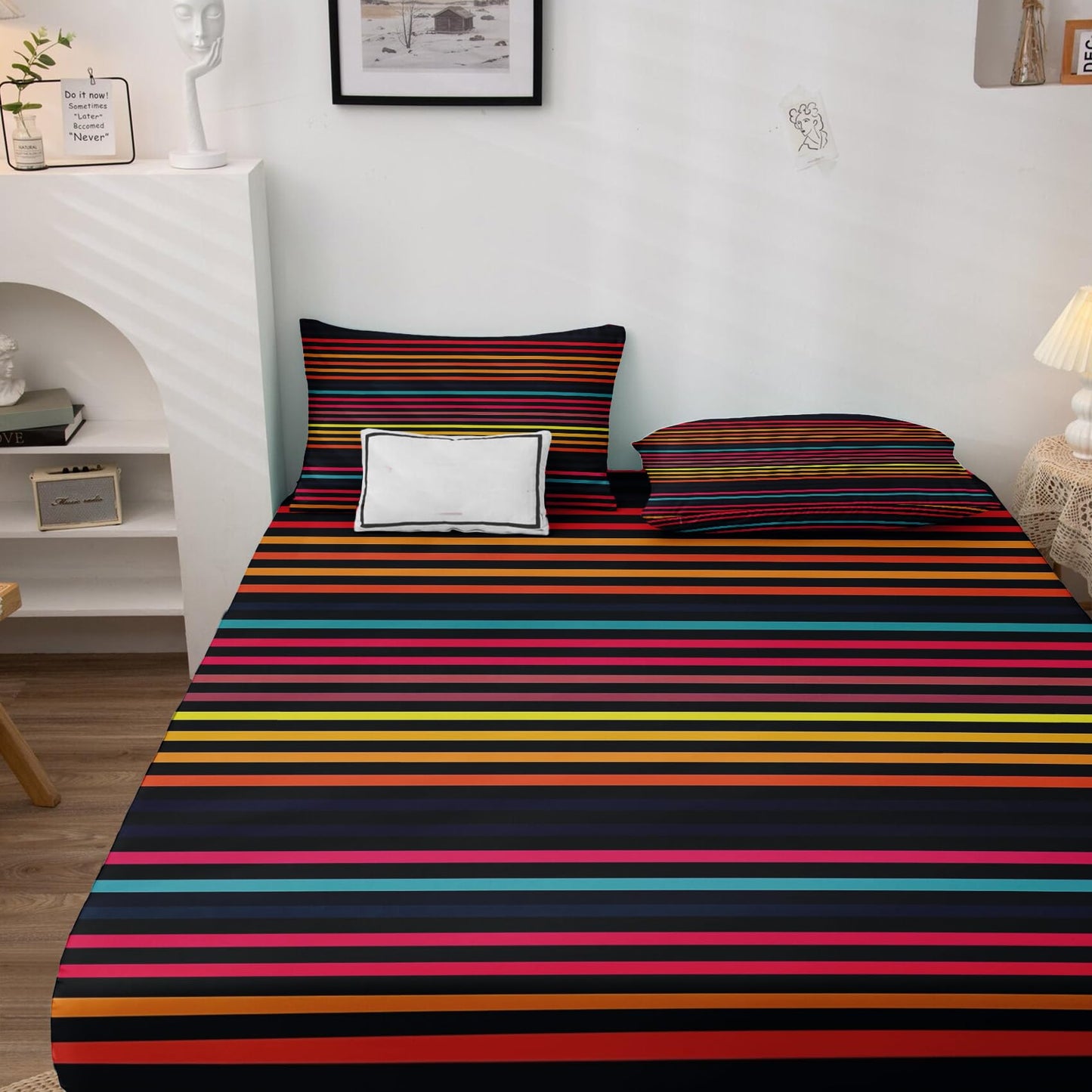 zcsm Striped Sheets Queen Size - Colorful Stripe Bed Sheets, Soft Microfiber & Deep Pocket & Wrinkle Free Patterned Bedding Sheets & Pillowcases, 1 Fitted Sheet, 1 Flat Sheet, 2 Pillow Cases